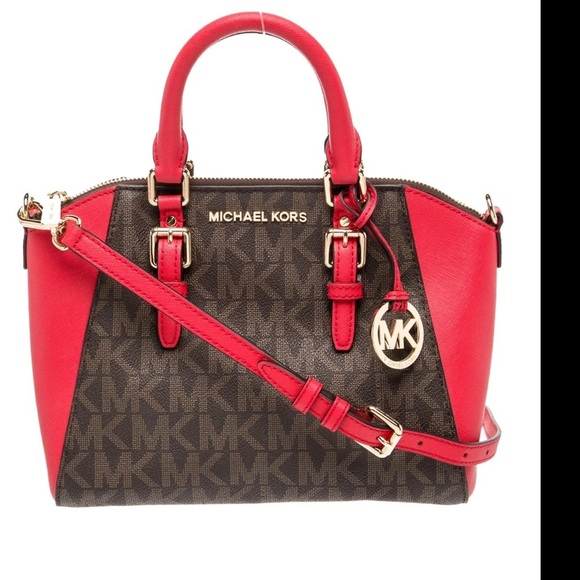 Michael Kors Handbags - Michael Kors Red Leather & Brown MK Logo Satchel. Excellent Condition